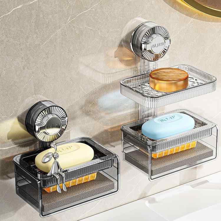 石鹸ケース 壁掛け式 透明 ダブルレイヤー スポンジラック 水切りソープディッシュ 穴あけ不要 浴室 洗..