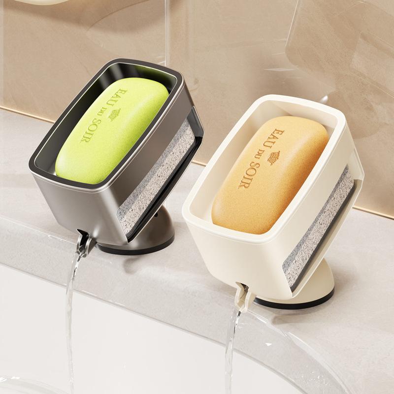 石鹸ケース 石鹸置き 吸盤 穴あけ不要 2段式 水切り タイプ 洗面台 浴室 ラック スポンジ付属 グレー ..