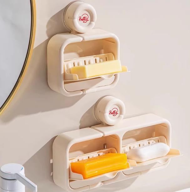 石鹸ケース レディース メンズ 壁掛け式 吸盤 蓋つき 水切りトレー付き ABS樹脂製 浴室 洗面所 キッチン スポンジ置き