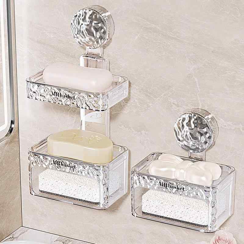 石鹸ケース 壁掛け式 吸盤タイプ 水切り 石鹸置き 浴室 トイレ 洗面所 プラスチック 透明 グレー