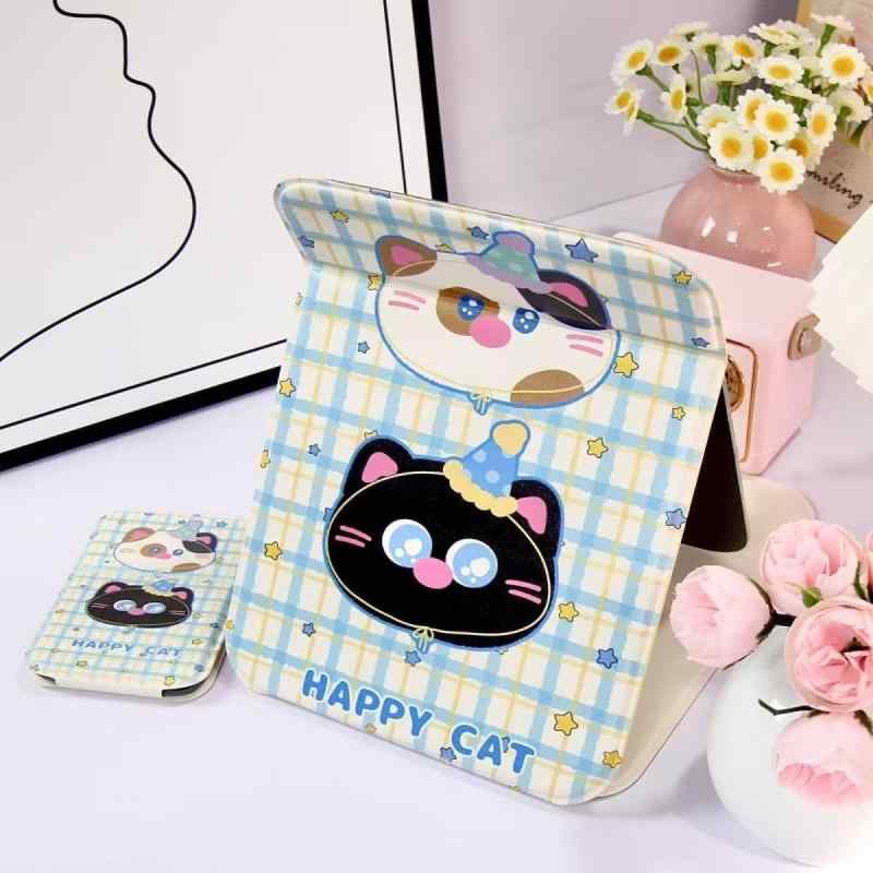 鏡 卓上鏡 レディース 携帯用 折りたたみ アルミ鏡 猫柄 かわいい ミニ コンパクト(x4)