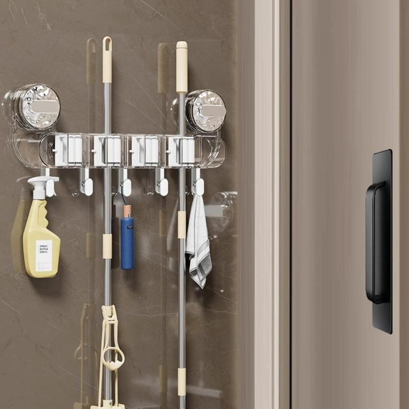 モップ ホルダー 壁掛け 収納 ラック 強力 吸盤 モップハンガー ほうき クリップ 透明 グレー