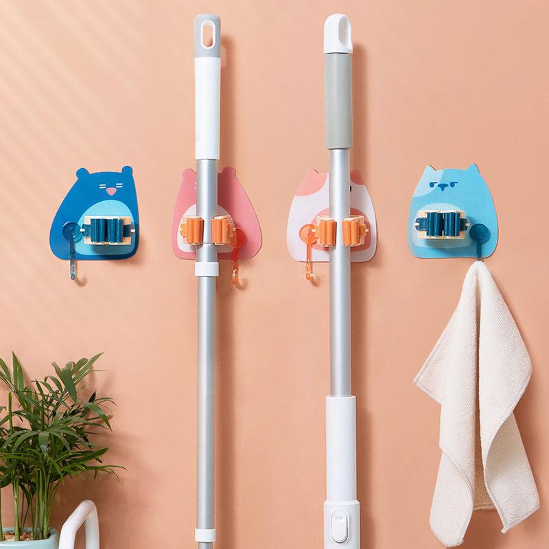 モップ ホルダー 壁掛け 強力 粘着 フック 固定 ほうき クリップ 深青 亮橙色 浅青 橙黄色(x2)