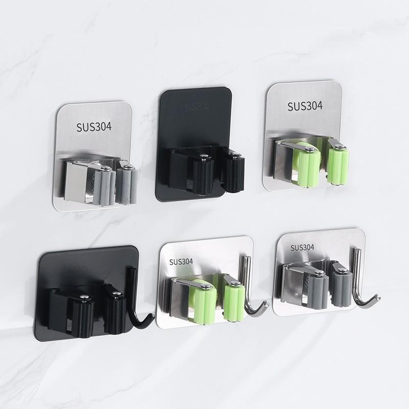 モップホルダー 304ステンレス 粘着式 壁掛けフック ほうき クリップ 収納ラック 銀灰 黒