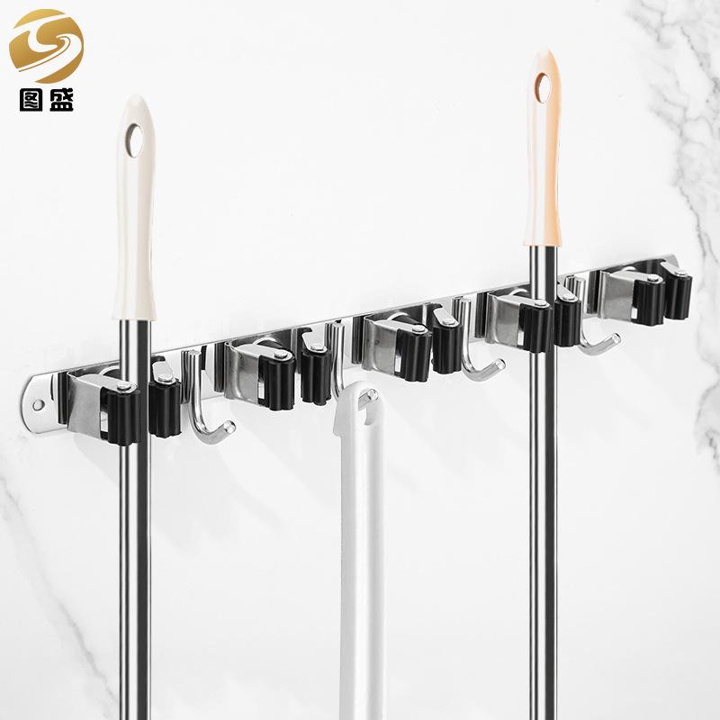 壁掛け式収納ホルダー ステンレス製 モップ ほうき クリップ ラック 強力粘着フック付き 整理整頓 掃除..