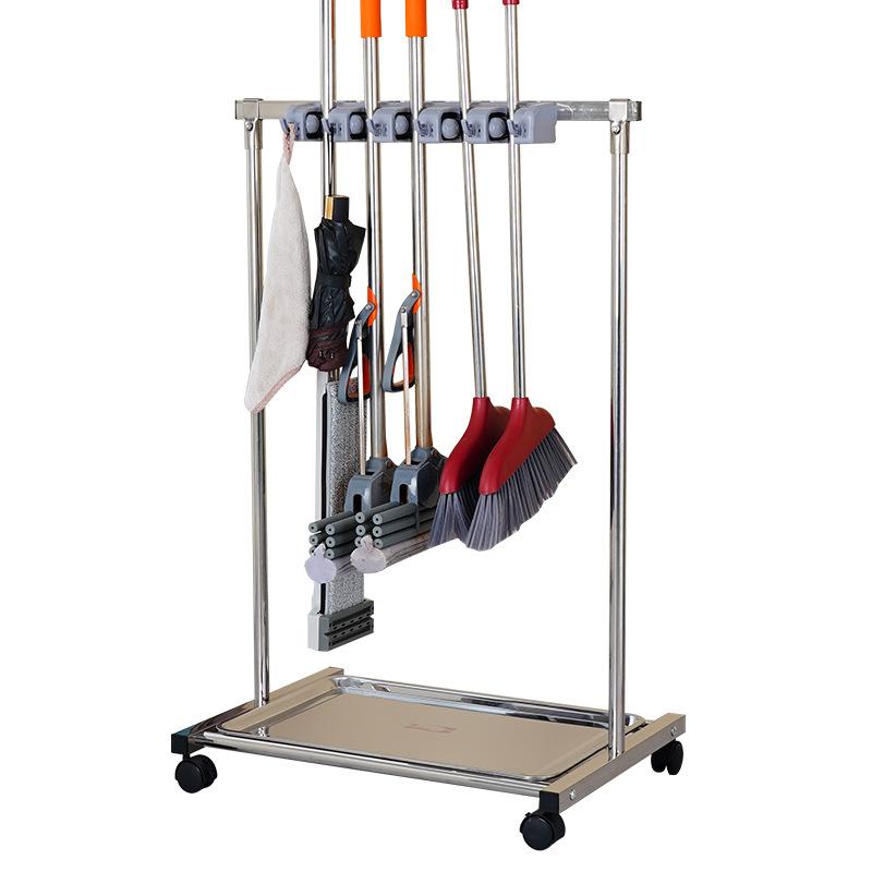 掃除用品収納ラック ステンレス製 モップホルダー 自立式 ほうき掛け 雑巾 整理 5連6フック ツール収納 落下防止 滑り止め付き 安定性抜群 玄関 ベランダ