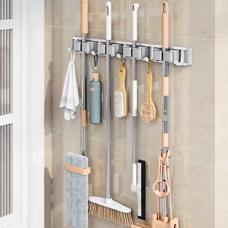 モップホルダー 壁掛け式 グレー ほうき クリップ ラック アルミ製 粘着フック付き 穴あけ不要 バスル..