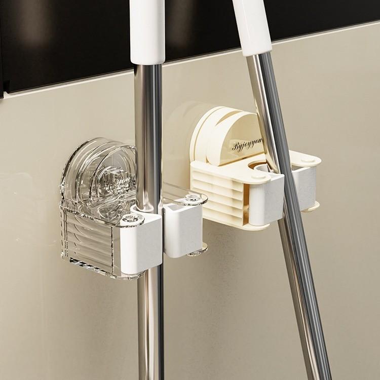 モップホルダー 壁掛け式 ほうきホルダー 粘着フック ほうき クリップ 収納ラック 透明 白 グレー アイボリー(x2)