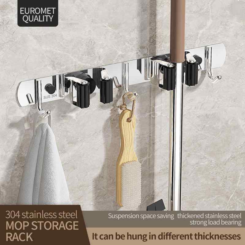 モップ ホルダー ステンレス 壁掛け 粘着式 モップ クリップ 強力固定 ほうき 傘 収納 フック付き バス..