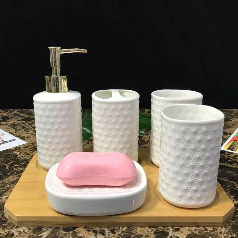 セラミック バスルームセット 5点セット 歯ブラシホルダー タンブラー 歯磨きコップ ローションボトル ソープディッシュ