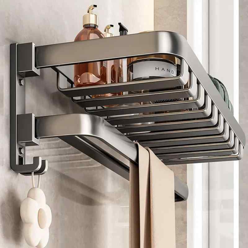 タオルラック 壁掛け 浴室 洗面所 収納棚 折りたたみ式 スペースアルミ製 6点セット ガンメタリック・商品カテゴリ: 6点セット・素材: スペースアルミニウム