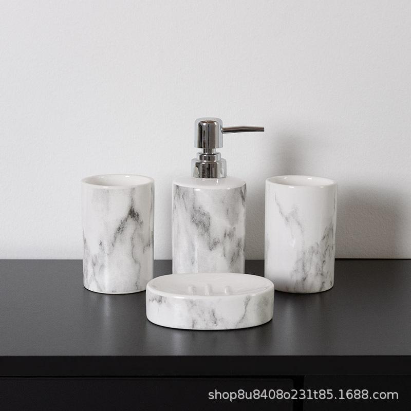 洗面用品 大理石柄 バスルームセット 陶器製 洗面台 浴室 トイレタリー 4点セット ホテルライク ディス..