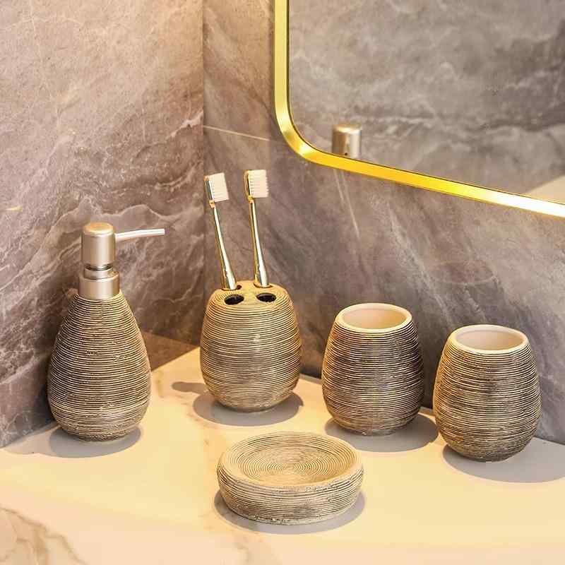洗面用具 5点セット 陶器製 バスルーム用品 手作り レトロ 洗面セット