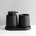 洗面用品 3点セット 陶器製 洗面台セット 歯磨きコップ 液体ソープボトル ローションボトル トレイ付き ブラック