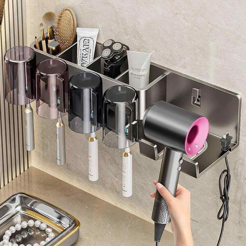 歯ブラシスタンド 収納ラック 壁掛け式 コップホルダー ドライヤーホルダー 衛生用品 炭素鋼 グレー