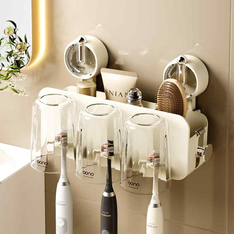 歯ブラシホルダー 吸盤式 壁掛け 収納ケース コップ 2個 セット 透明 ブラック 乳白