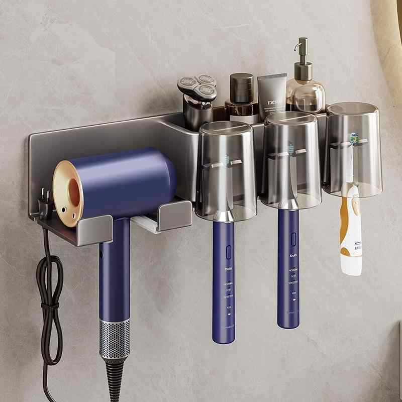 歯ブラシスタンド 歯ブラシホルダー 洗面所 壁掛け式 コップ 歯磨き粉 ディスペンサー ドライヤーホル..