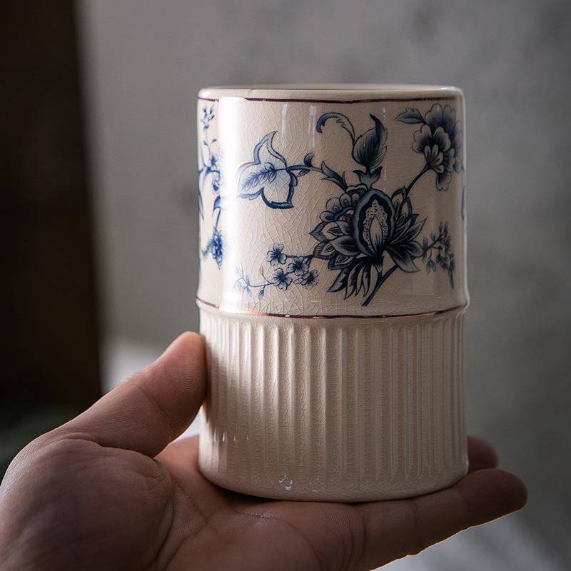 洗面用品セット 浴室用具 5点セット 青花柄 陶器製 中古風(x2)