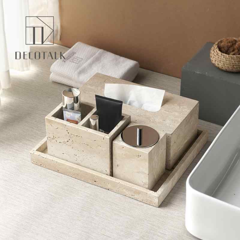 洗面用品 黄洞石 バスルーム5点セット 洗面台トレイ 試料室用置物 侘寂スタイル