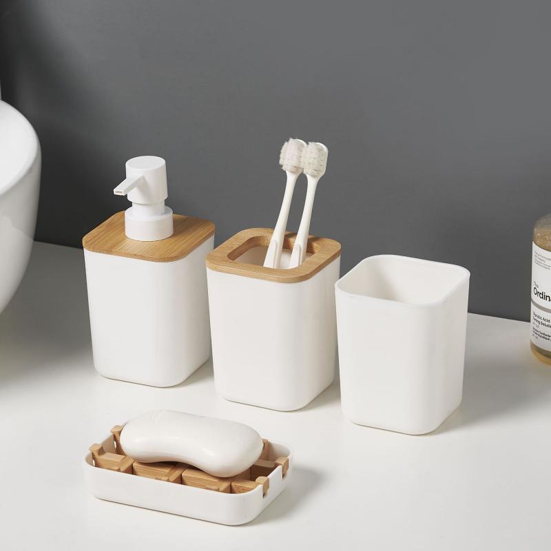 洗面用品 浴室用具 4点セット 歯ブラシ立て コップ 石鹸置き 乳液ボトル プラスチック製 白 黒(x5)