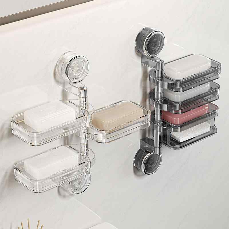 石鹸ケース レディース 壁掛け 吸盤 多層 水切り 石鹸置き 透明 グレー プラスチック