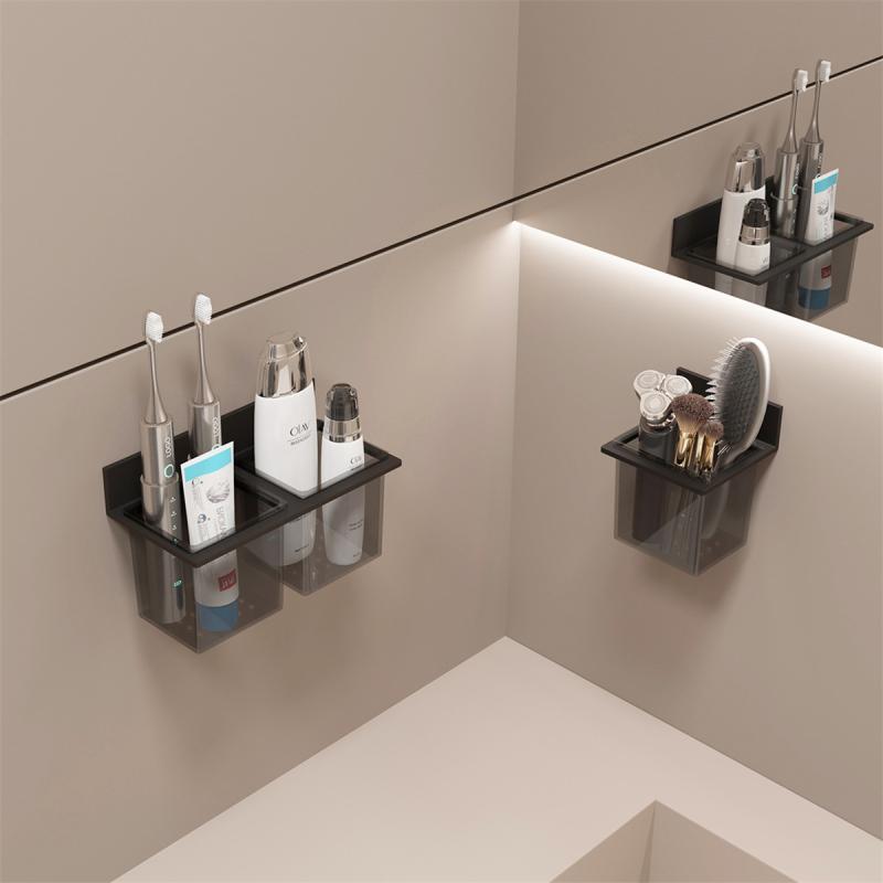 洗面用品ラック レディース メンズ 歯ブラシ 歯磨き粉 くし シェーバー 収納ケース 浴室 トイレ 壁掛け ドリル不要 プラスチック アルミ合金製