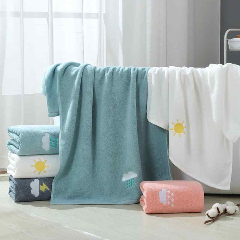 バスタオル 綿 かわいい 刺繍 柔らか 吸水 速乾 140 70cm ブルー グレー 無地 家庭用 普段使い