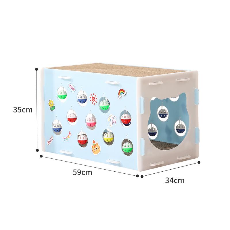 猫ハウス 猫ベッド トンネル付き 大型 二層 猫用 爪とぎ ハウス 多機能 猫のおもちゃ ブルー イエロー