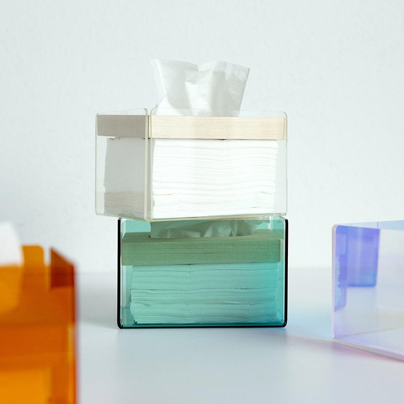 ティッシュボックス 北欧風 アクリル製 木蓋付き 防水 多用途 卓上収納 鮮やか 透明 ブラック 紅茶色 ..