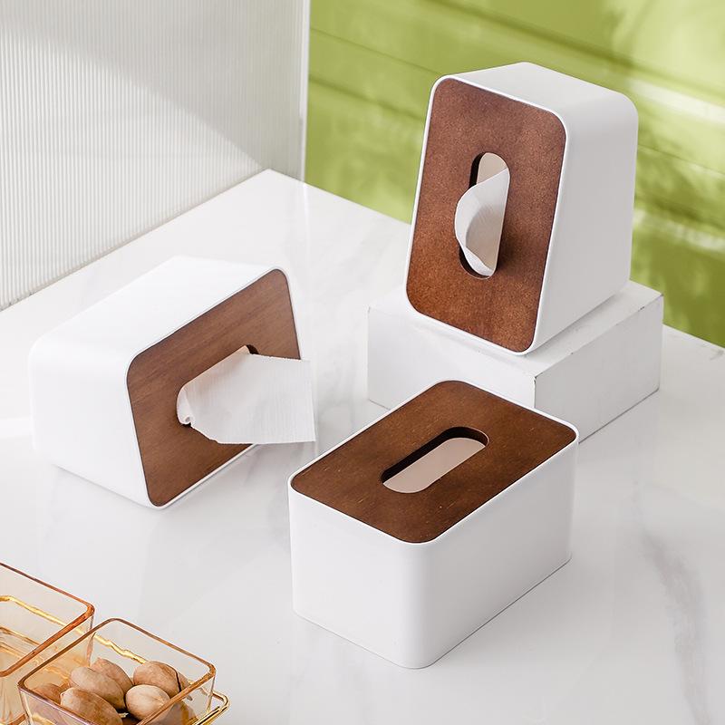 ティッシュケース 木製 胡桃色 蓋付き 卓上 リモコン 収納 おしゃれ ゴム材 平面 ホワイト