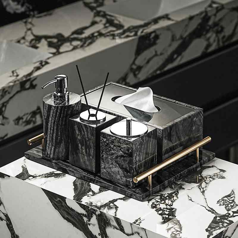 大理石 ティッシュボックス 洗面用品 セット ホテル 浴室 収納 置き物 トレイ 乳液ボトル ソープディッシュ 綿棒ケース(x2)