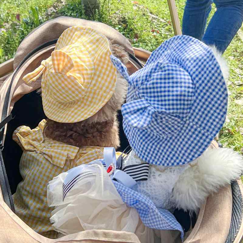 ペット用帽子犬猫用 格子柄 遮陽帽子 日よけ帽子 かわいい おしゃれ 小型犬 中型犬 大型犬 イエロー レ..