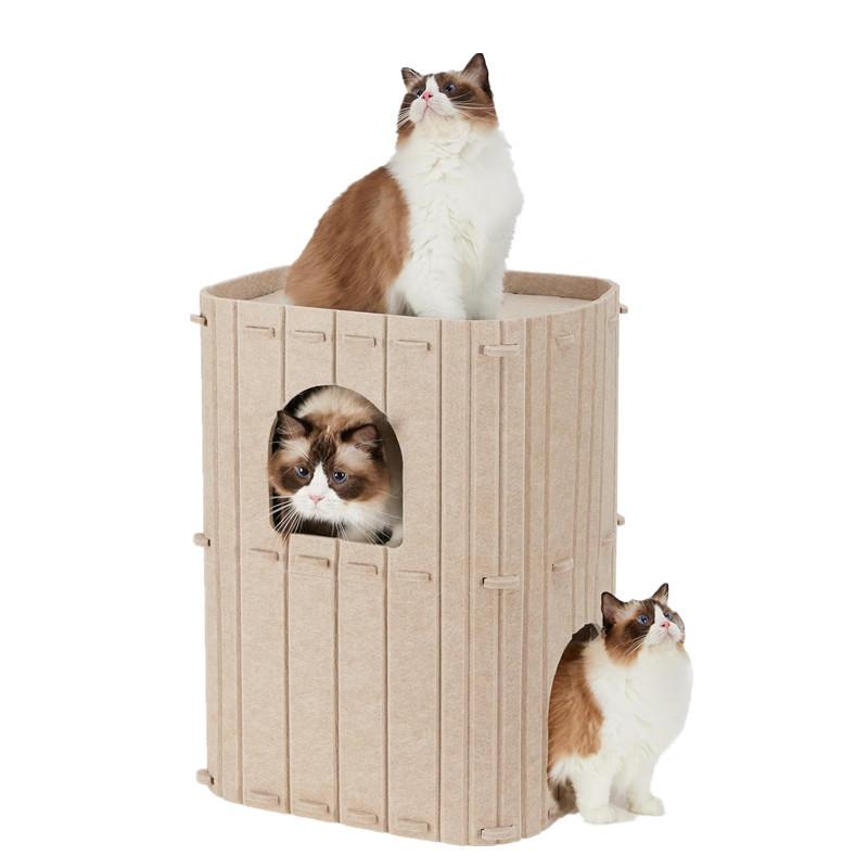 猫ハウス 猫ベッド トンネル付き ペットハウス 半密閉式 2層 フェルト 猫 隠れ家 多頭飼い 猫用爪とぎ 深グレー カーキ
