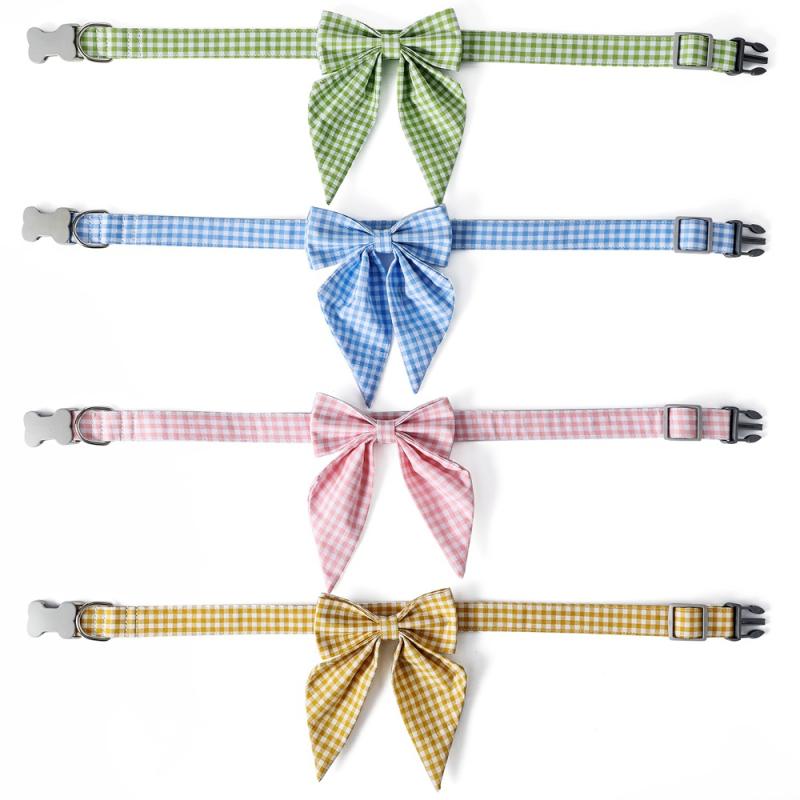 首輪 ペット用 犬 格子柄 リボン付き 綿ポリエステル製 小型犬 中型犬 大型犬 イギリス風 黄色 ピンク ..