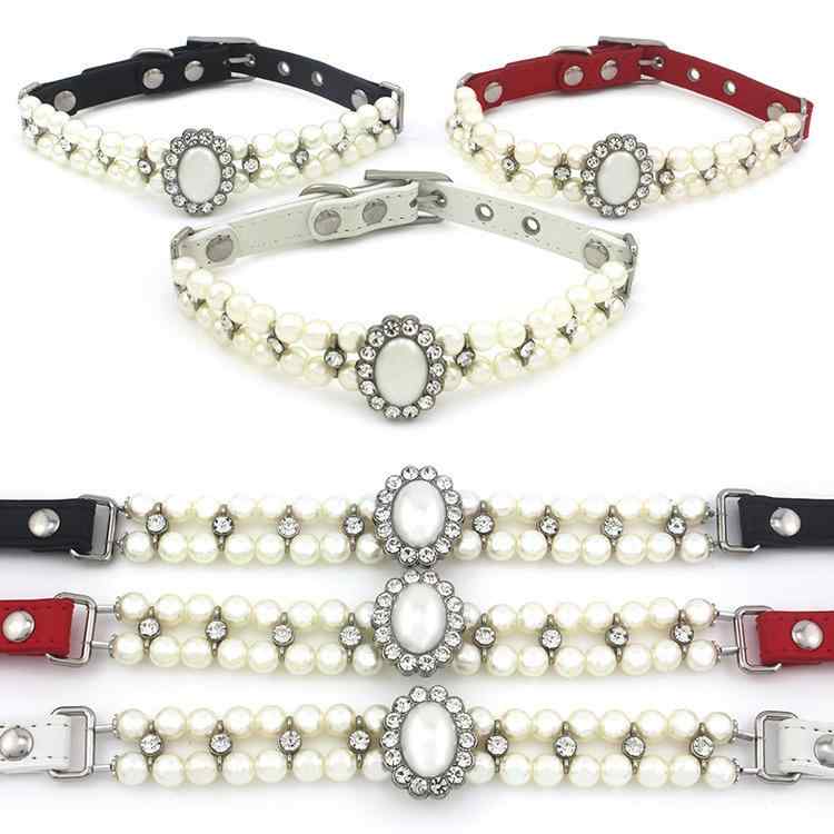 首輪 ペット用 キラキラ 水晶 ラインストーン パール 犬 猫 チョーカー アクセサリー 小型犬 レザー 白..