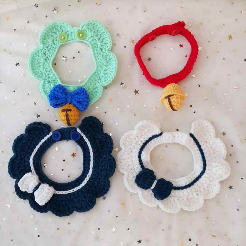 ペット用首輪 猫 犬 手編み 毛糸 ミルクコットン風 通年 カートゥーン柄 グリーン ブルー ホワイト