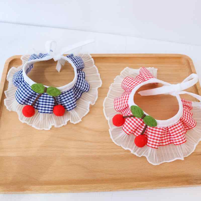 首輪 猫 犬用 レース 桜んぼ柄 かわいい ペット用品 赤格子 紺格子 黒格子 黄格子 ピンク格子 XS S M L..