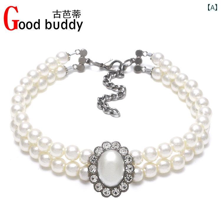 ペット用ネックレス 小型犬 猫 首輪 パール ラインストーン かわいい おしゃれ 复古珍珠款 典雅黒 酒红..