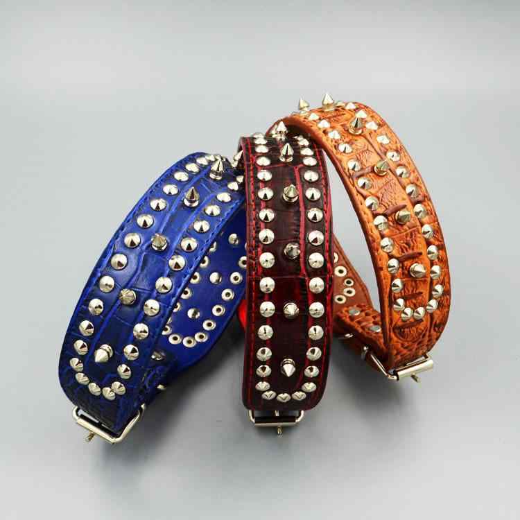 首輪 犬 ペット 大型犬 犬用 革製 伸縮可能 鋲付き ブルー コーヒー ワインレッド