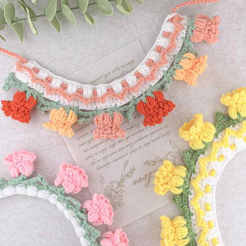 ペット用首輪 猫 手編み チョーカー 犬 鉤針編み かわいい アクセサリー よだれかけ スタイ すずらん ..