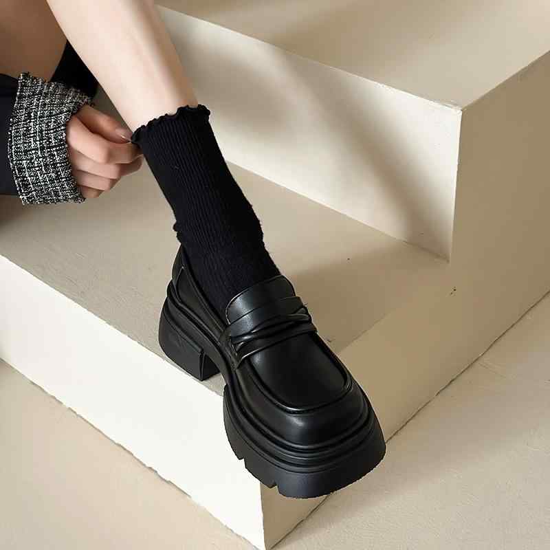 ローファー レディース 厚底 ラウンドトゥ 黒 レースアップ チャンキーヒール 防水 滑り止め 春秋冬