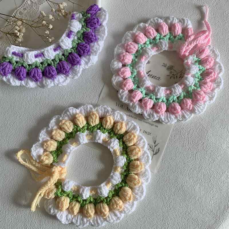 ペット用 首輪 猫 犬 手編み 毛糸 ニット かわいい 写真 撮影 飾り 襟巻き スタイ イエロー ピンク パ..