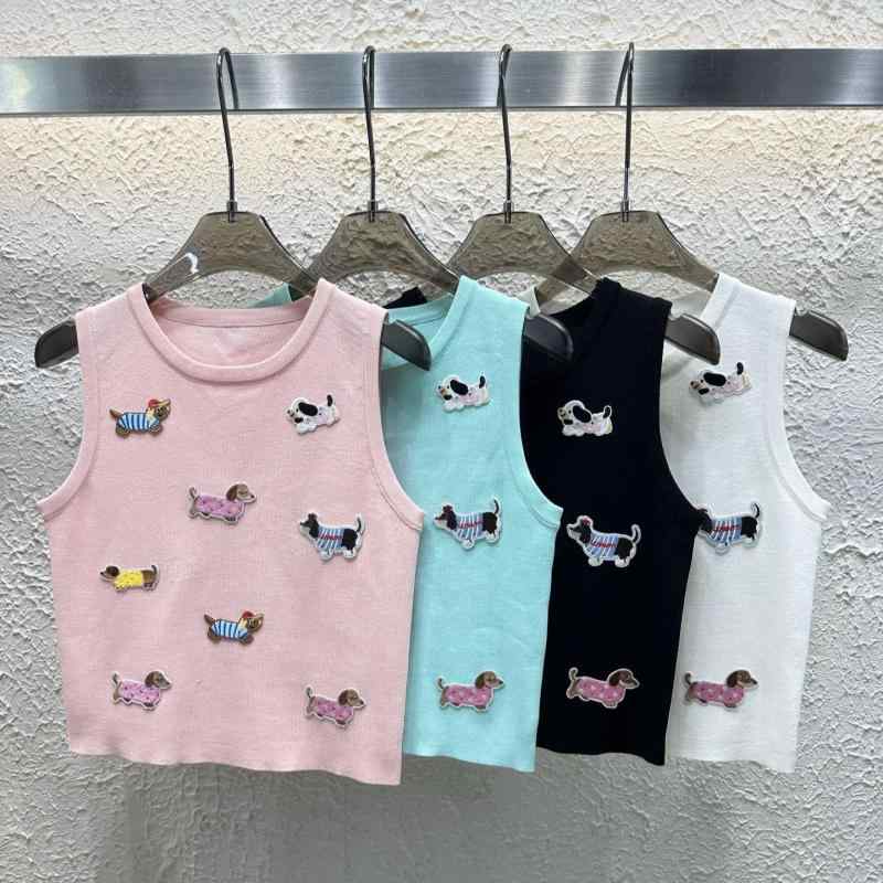 ニットベスト レディース 夏ニット ドーパミンカラー 犬柄 アニマル柄 クルーネック プルオーバー ポリエステル ブラック ホワイト ピンク 湖水ブルー かわい...