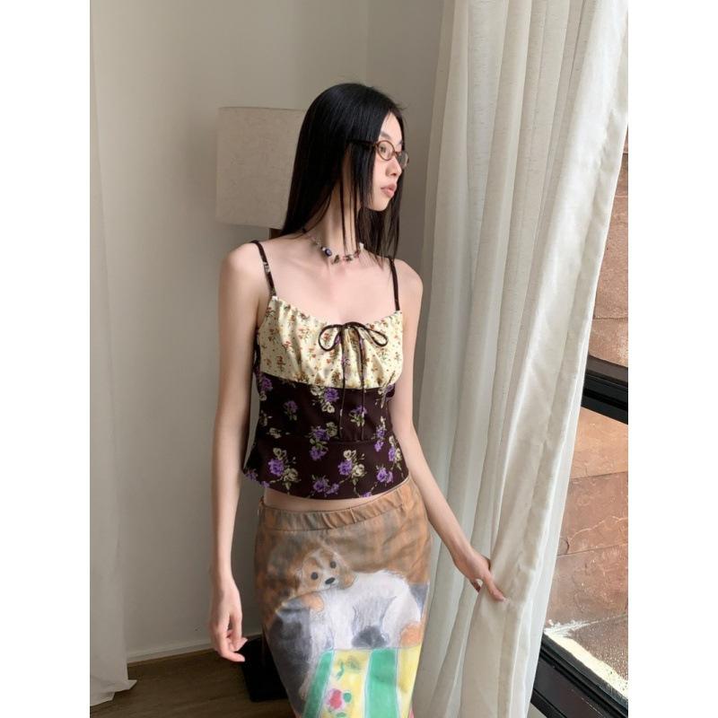 キャミソール レディース 花柄 切り替え 調整可能 ミニワンピース 膝上丈 ノースリーブ アクリル 部屋着 普段使い かわいい ローズ柄 ドッグ柄