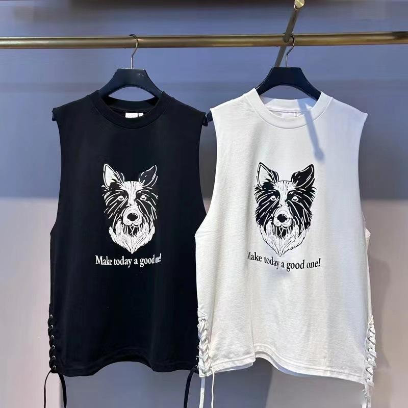 タンクトップ レディース 美式ストリート ドッグプリント バインダー ノースリーブ トップス カットソー 綿 95%以上 ホワイト ブラック(x2)