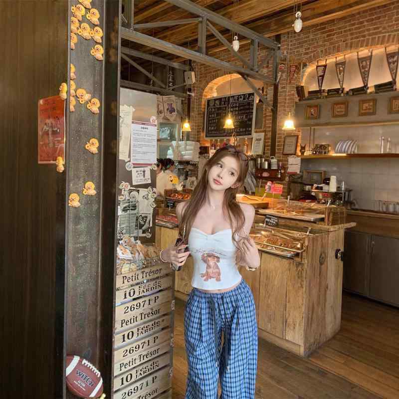 キャミソール レディース 小犬プリント ノースリーブ トップス コットン混紡 スリムフィット 春夏 かわいい ガーリー