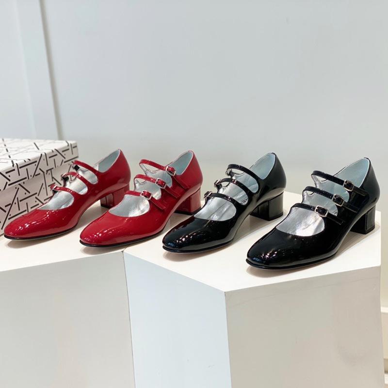 パンプス レディース マリージェーンシューズ 革 ストラップ ローヒール チャンキーヒール スクエアトゥ 無地 赤 黒 春夏 秋冬 フォーマル カジュアル