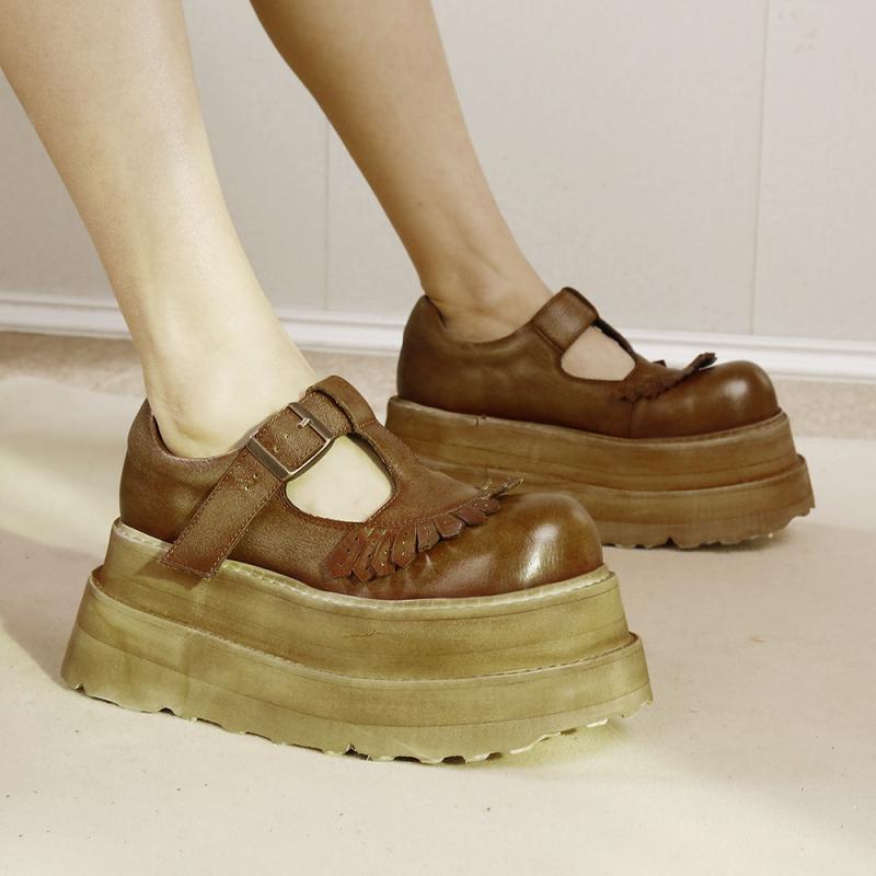 靴 レディース 厚底シューズ 牛革 Tストラップ ローマスタイル ラウンドトゥ 婦人靴 フラットヒール 黒/焦糖色 春夏