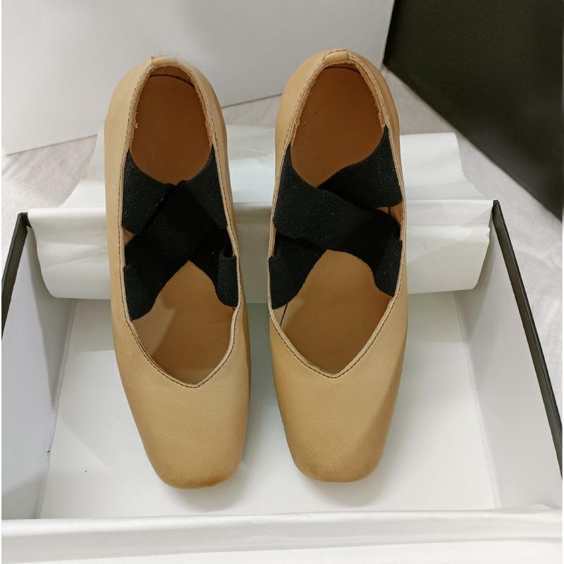 バレエシューズ レディース カーキ マリージェーン 革 牛革 太ヒール チャンキーヒール スクエアトゥ スリッポン カジュアル 春夏(x5)