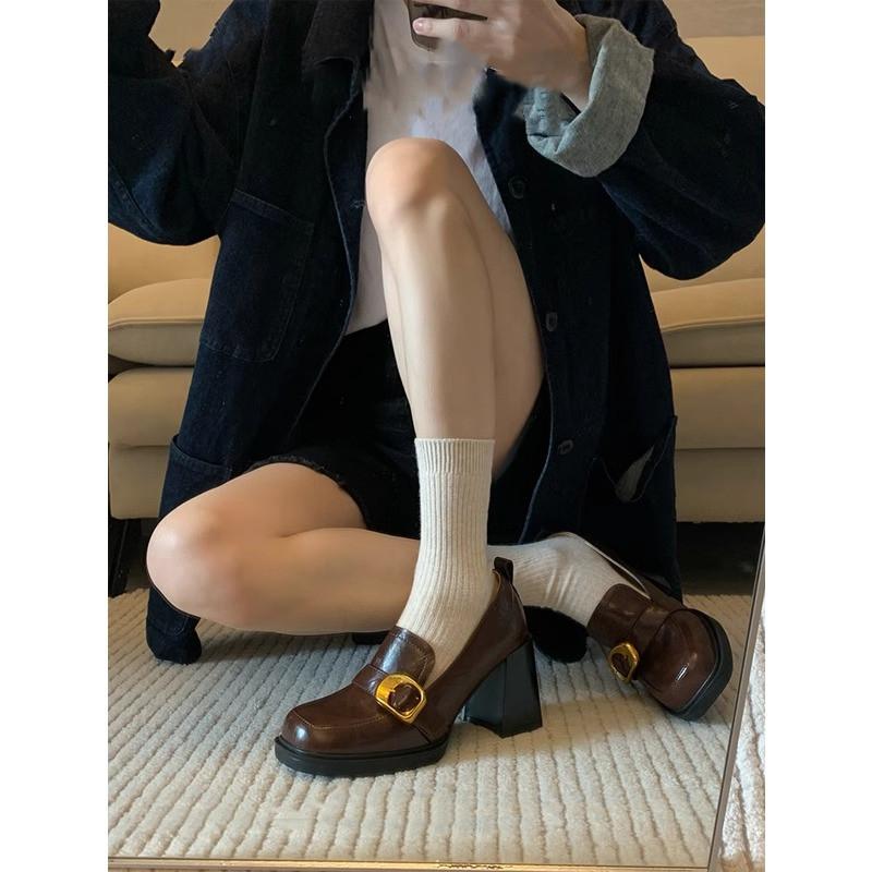 ローファー レディース 靴 シューズ 太ヒール ラウンドトゥ スリッポン 繊維 婦人靴 ブリティッシュスタイル ヴィンテージ レトロ 秋冬 ブラック ブラウン